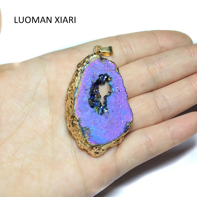 Оптовая продажа натуральный уникальный кристалл Drusy меняющий цвет позолоченный