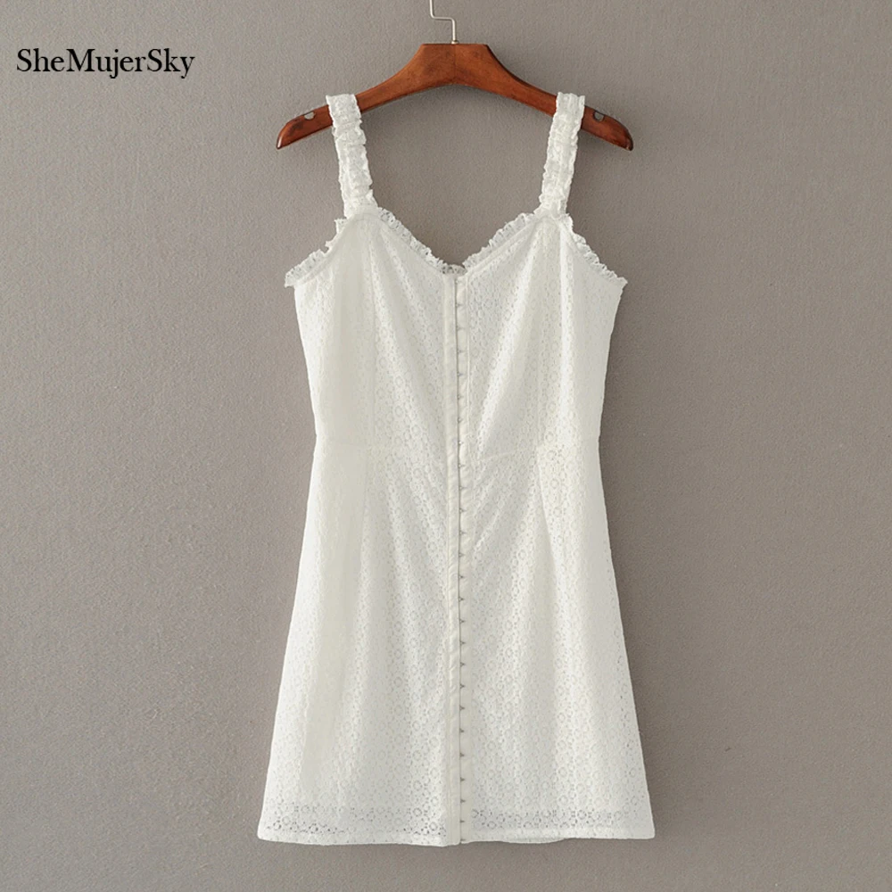 

SheMujerSky Sexy White Spgaghetti Strap Lace Dress Summer Hollow Out Mini Dresses Black dames jurken