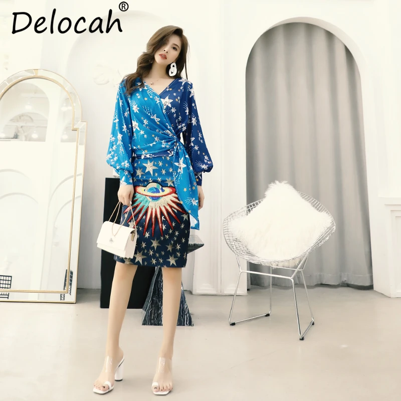 Delocah/Новинка, женские весенне-летние костюмы модный Дизайнерский Костюм, Сексуальная рубашка с v-образным вырезом и бантом и юбка с принтом, комплект из двух предметов