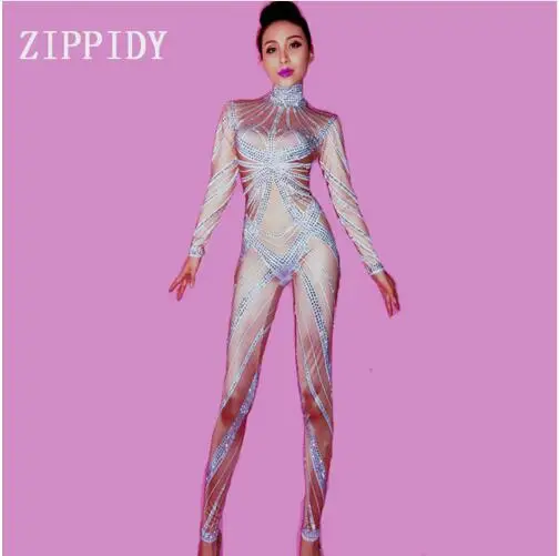 Fashion Shining Rhinestones Stretch Nude Jumpsuit Female Performance Leggings Female Singer Bright Costume Nightclub Wear