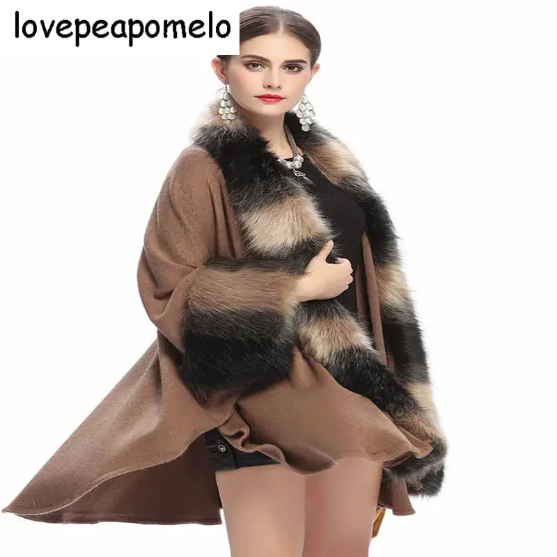 

Europe and the United States 2018 new women's autumn and winter large size loose imitation fox fur collar knitted cardigan shawl