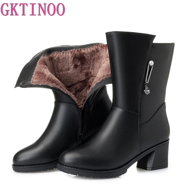

GKTINOO New Women Winter Snow Boots Mid-Calf Thick High Heels Genuine Leather Shoes Women Warm Plush Boots Ladies Plus Size4335-