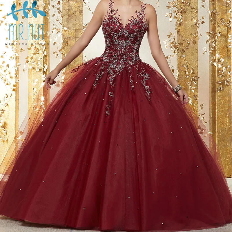 Red Quinceanera Dresses Beadings Crystal Tulle Dresses Debutante Sweetheart neck Vestidos De 15 Anos