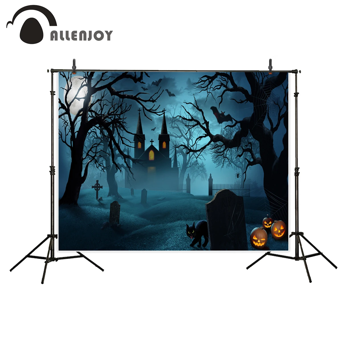 Фон Allenjoy Хэллоуин замок ночью Tombs Луна лес ворона Тыква Лампа ужасная фотостудия
