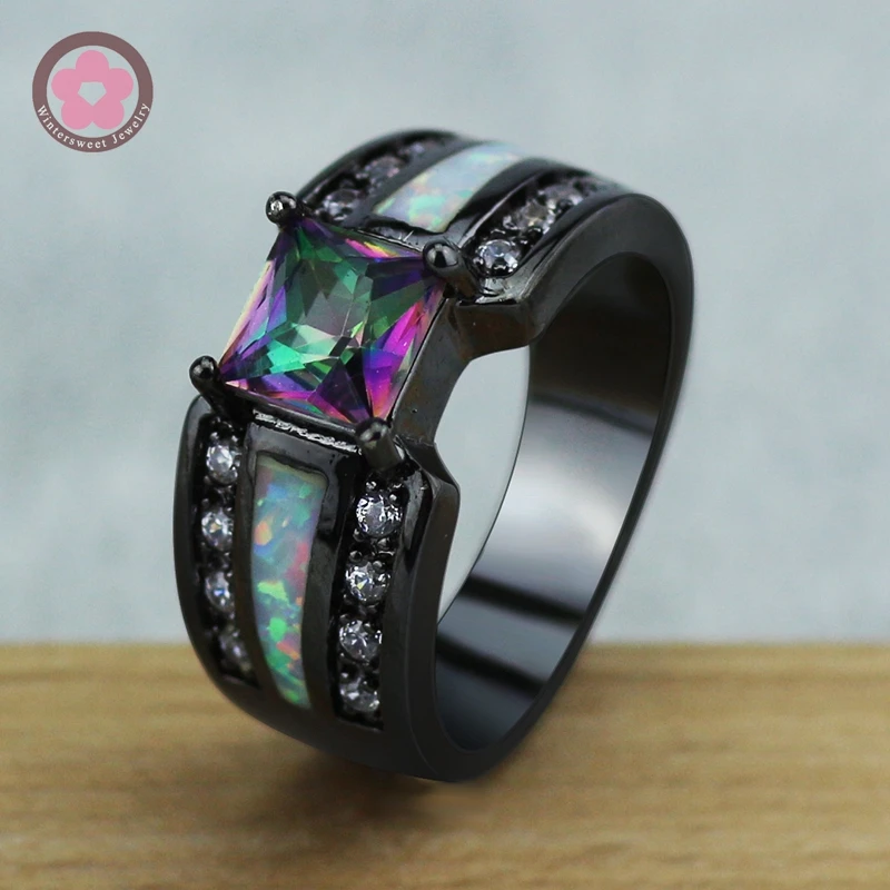 

JZ0034 Top Quality 10 kt Black Gold Filled AAA Rainbow Crystal & Fire Opal Rings Fashion Jewelry For Women Party Cock Ring