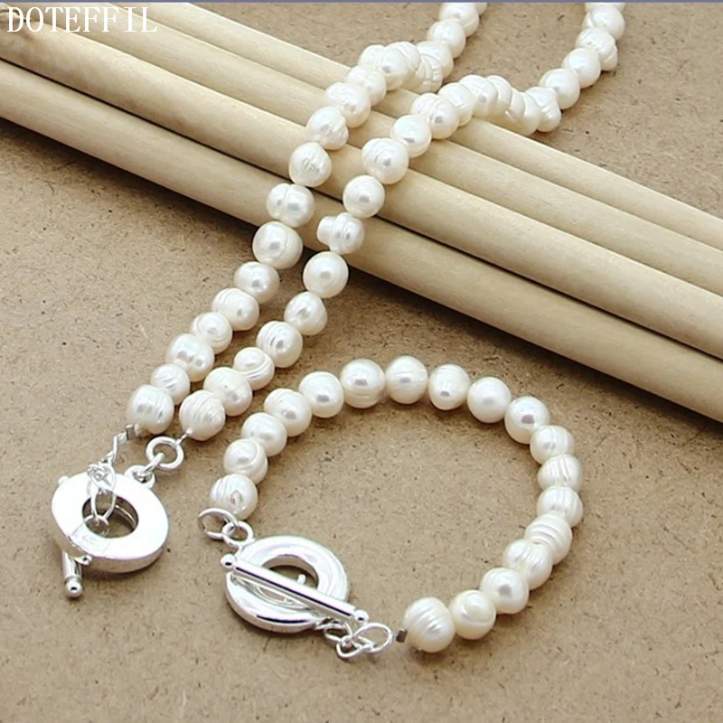 DOTEFFIL 8mm Natural Pearl Beaded Chain 925 Silver OT Buckle Necklace Bracelet Set For Women Wedding Engagement Party Jewelry