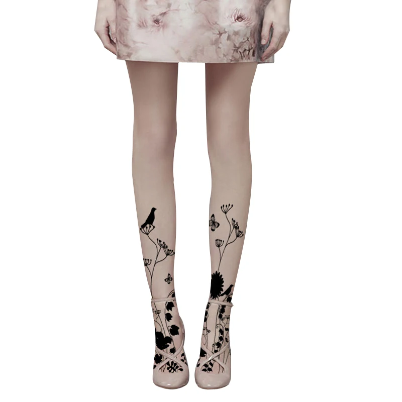 Цветочные и птицы силуэт колготки с принтом облегающие носки|flower and bird|pantyhose