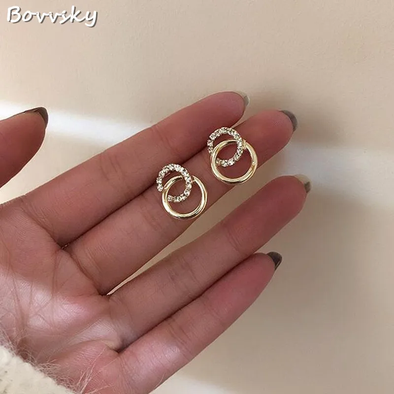 Женские серьги-пусеты Bovvsky простой геометрический круглый кристаллический