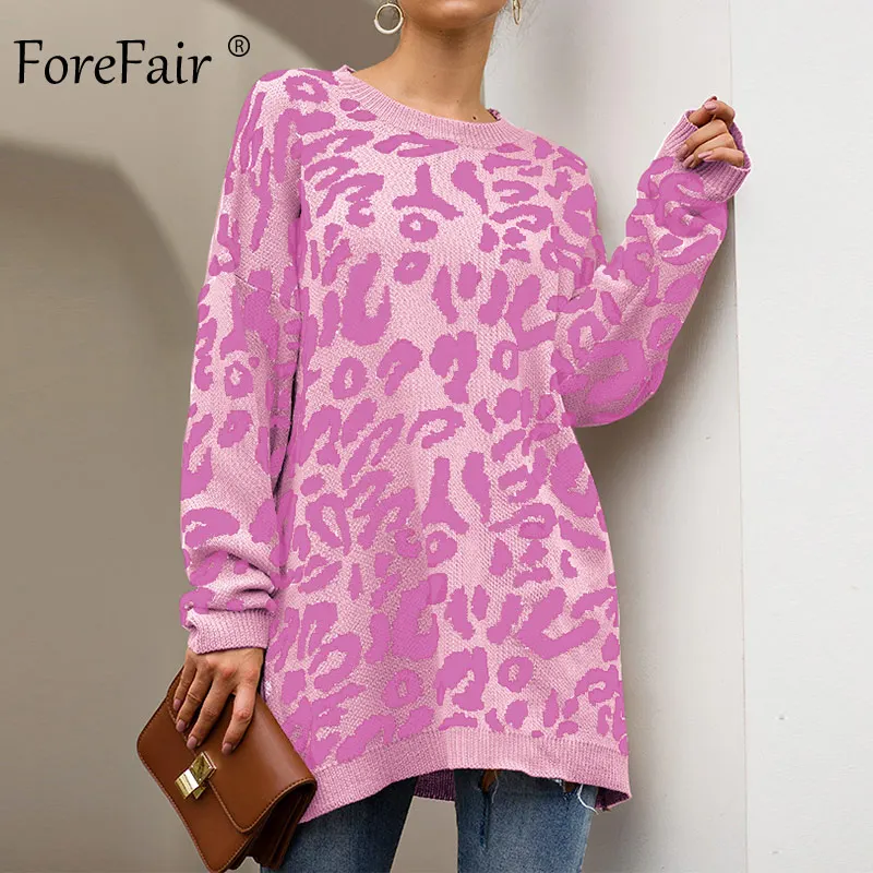 Pink Sweater Forefair, Леопардовый Повседневный свитер выше размера, женский, осень, зимний, вязаный, с животным принтом, размера плюс, свободный, длинный, женский свитер - Цвет: Pink Sweater