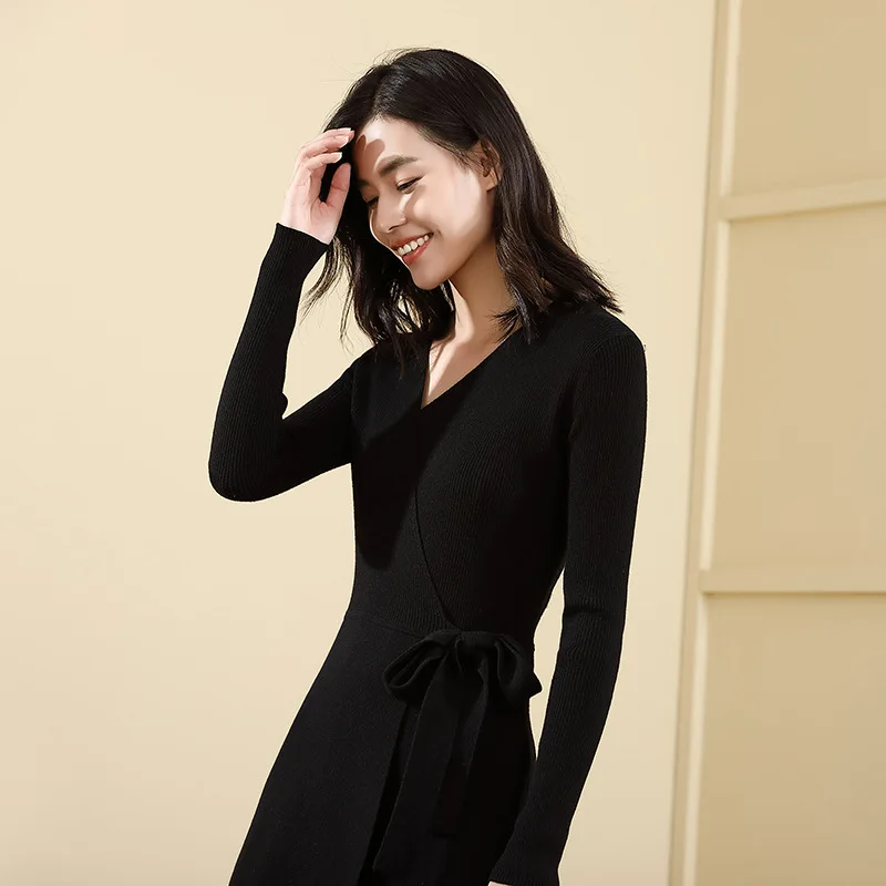 Высокое качество 2018 осенне-зимнее новое женское элегантное платье с v-образным