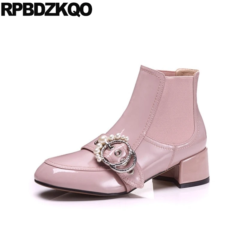

Patent Leather High Heel Pearl Women Booties Suede Shoes Womens Ankle Boots Medium Genuine Sheepskin Pink Ladies Autumn Metal