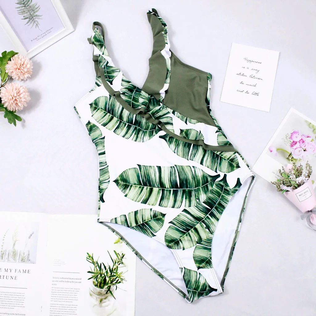 Женский купальник с рюшами и принтом листьев пляжный сиамский бикини купальный