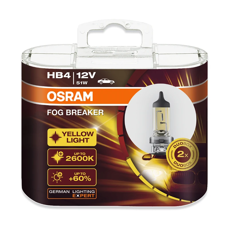 OSRAM 9006 HB4 12 в 51 Вт 2600K 9006FBR P22d противотуманный выключатель серия ксенон желтый светильник 60% более яркие галогенные лампы Автомобильный головной светильник