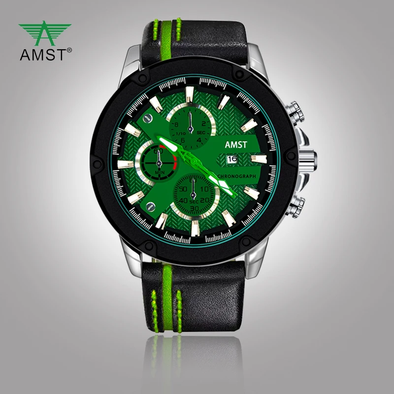 AMST модные мужские часы кожа водонепроницаемые спортивные с хронографом Топ