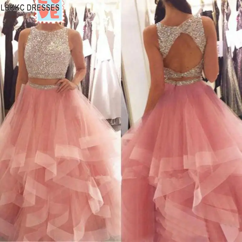 Luxury Pink Crystals Quinceanera Dresses Ball Gown Two 2 Piece Ruffle Tulle Prom Debutante Sweet 16 Dress Vestidos De 15 Anos | Свадьбы и