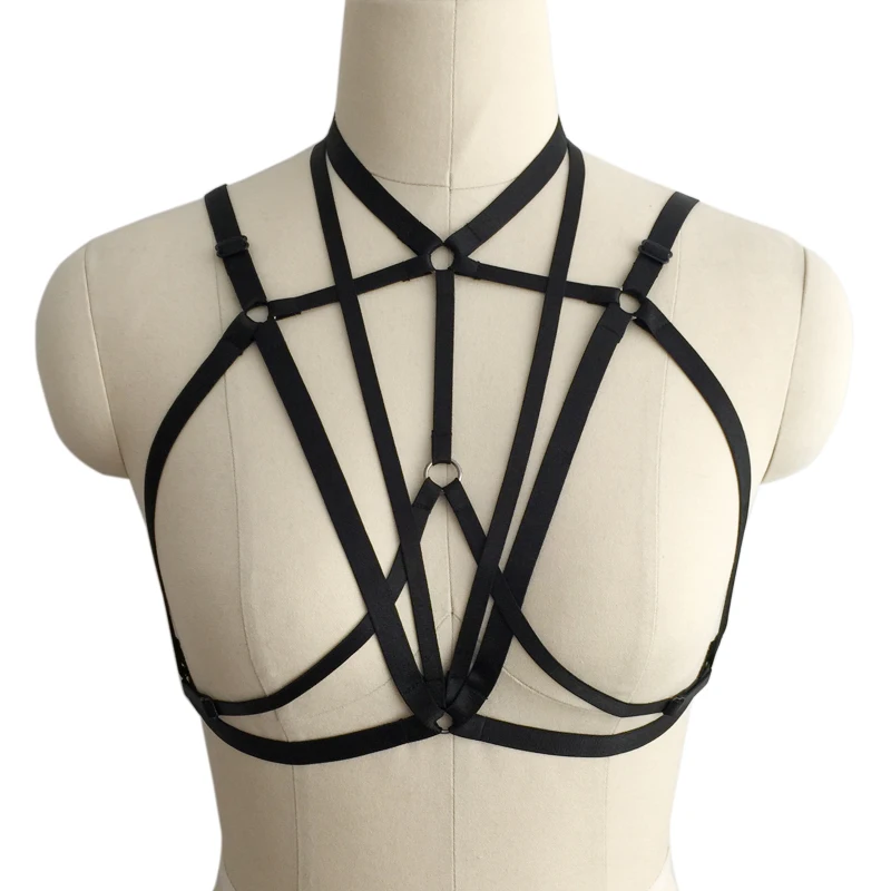 Черный бюстгальтер с пентаграммой на бретельках бондаж портупея для тела топ