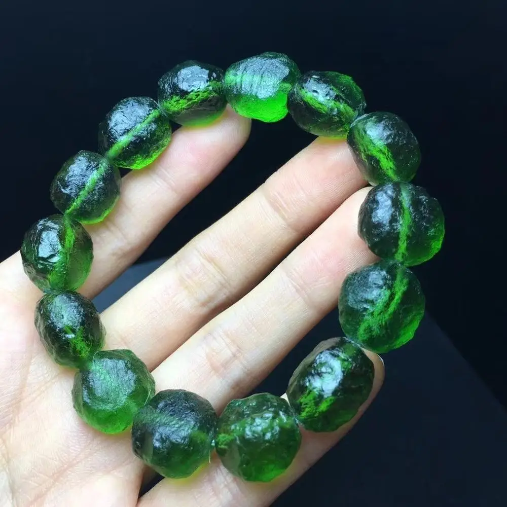 15 мм зеленый драгоценный камень MOLDAVITE метеорит ударопрочный стеклянный браслет