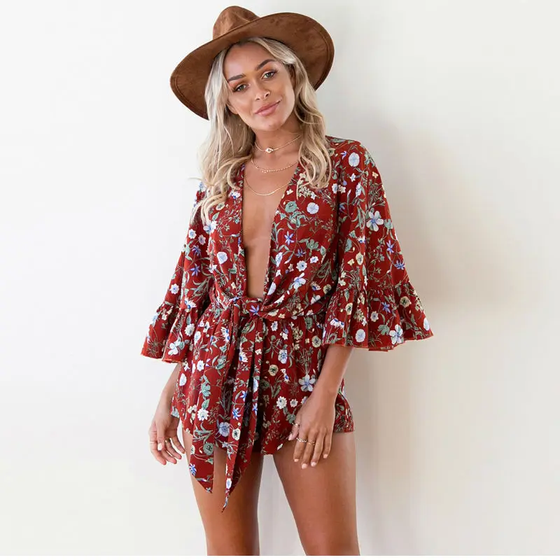 Как ромашка Boho Цветочный принт оборками Комбинезоны Для женщин Лето 2017 г.