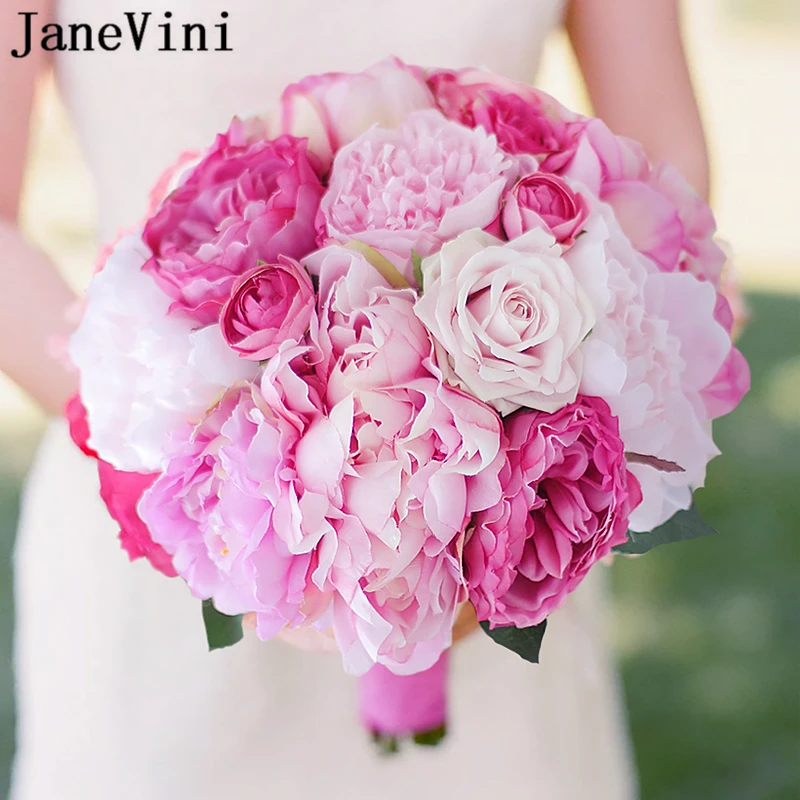 

JaneVini 2019 Romantic Wedding Bouquets Spring Pink Bridal Flowers Artificial Silk Peony Bride Holding Bouquet Ramo Flores Novia