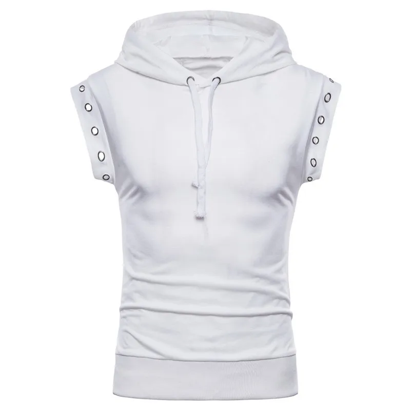 UNIVOS KUNI 2018 New Summer Fashion Braided Rope Hooded Sleeveless Men's T-Shirts Leisure Slim Pure Color Mannen T-shirts H69 | Мужская