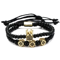 new fashion double layers cz crown cube adjustable men bracelet 46mm black stone beads braiding bracelet for men jewelry gift