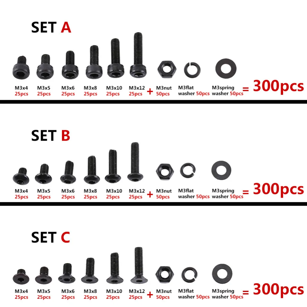 Набор винтовых гаек 300 шт./компл. M3 черная плоская кнопка головка Шестигранная