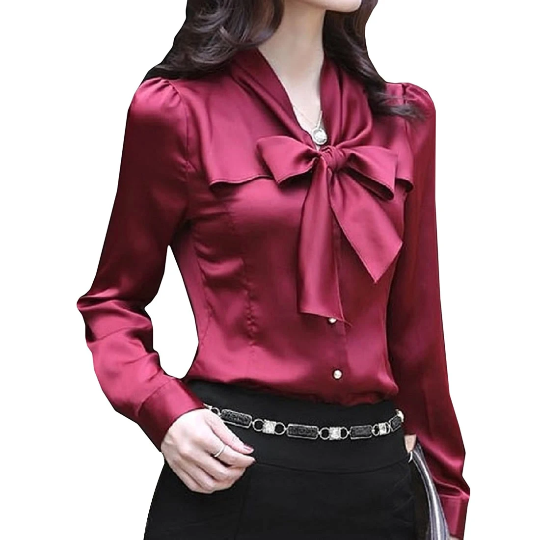 Женская атласная рубашка с длинным рукавом однотонная шелковая блузка бантом на