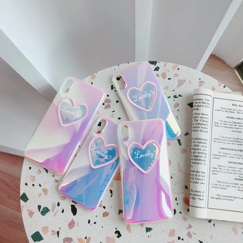 Colorful embroidery heart Pink Phone Case For iPhone X XS Max XR 6s 6 7 8 Plus Laser gradie Cover Fitted |