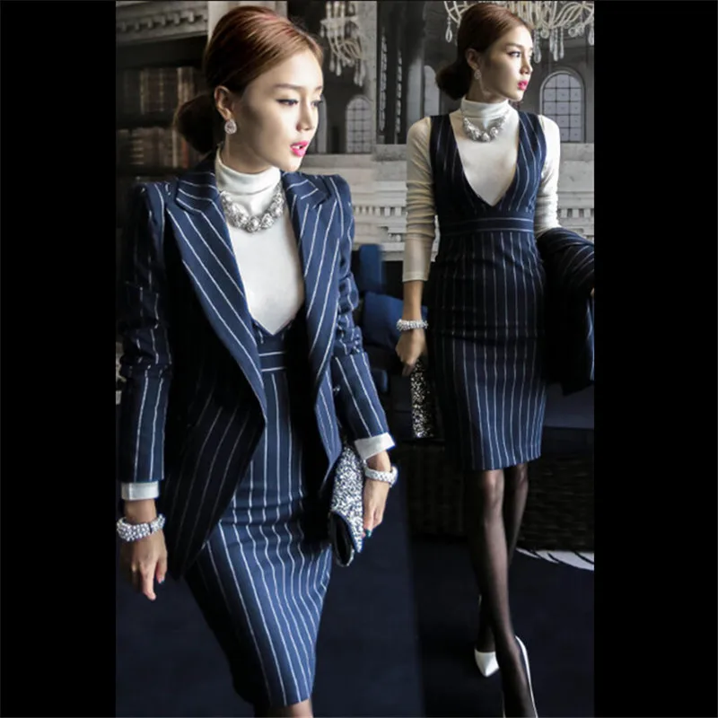 Женский блейзер костюмы Elegante с юбкой хлопковый полосатый женский