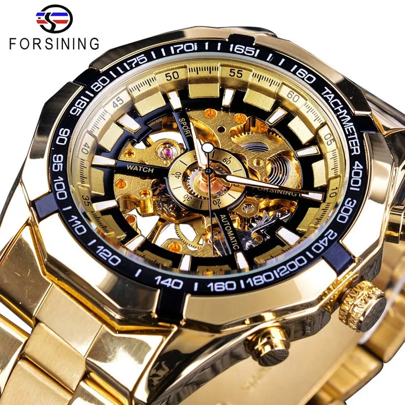 Black Golden Часы Forsining+ браслет, набор, сочетание серебра, нержавеющая сталь, для мужчин, скелет, прозрачный, механический, мужские наручные часы, часы - Цвет: Black Golden