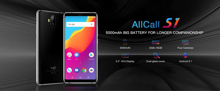 Мобильный телефон AllCall S1 5," 18:9, 2 Гб ОЗУ, 16 Гб ПЗУ, Android 8,1, четырехъядерный процессор MTK6580A, четыре камеры, Двойной смартфон 8 Мп+ 2 МП, 5000 мАч
