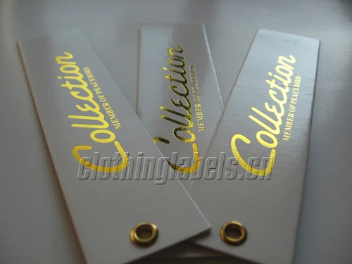 

custom clothing tags labels for clothing garment gold color hot stamping, 500g coated paper swing tags with eyelet