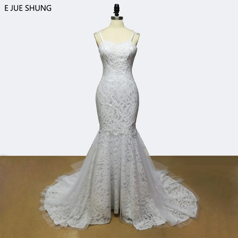 

E JUE SHUNG White Vintage Lace Appliques Mermaid Wedding Dresses Backless Spaghetti Straps Bridal Gowns Vestidos De Novia