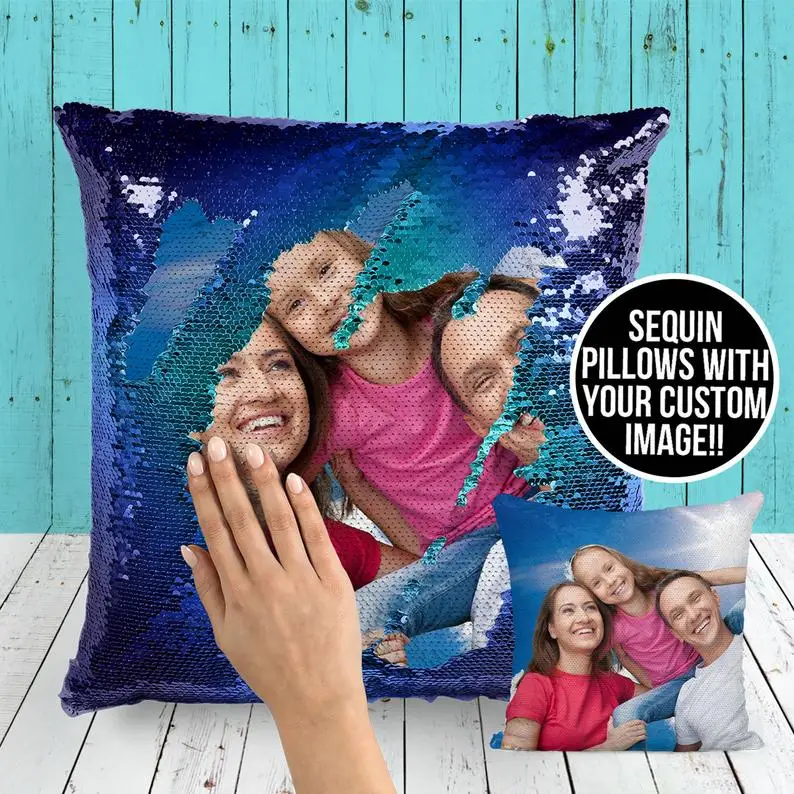 

Family Photo Sequin Cushion Cover Custom Image Reversible Sequin Mermaid Pillowcase Birthday Decorative Pillow Gift