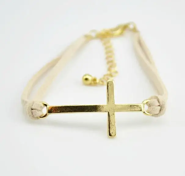 M&T(24pc/lot) Free Shipping New Hotselling Leather sideways Gold Cross Charm Bracelet 2013 Wholesale|bracelet fashion|bracelet punkcharm bracelet