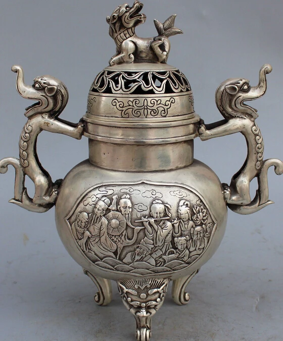 decoration bronze factory outlets Tibet Silver 15&quotMarked Chinese 8 god Eight immortal Dragon Lion Beast Incense Burner | Дом и сад