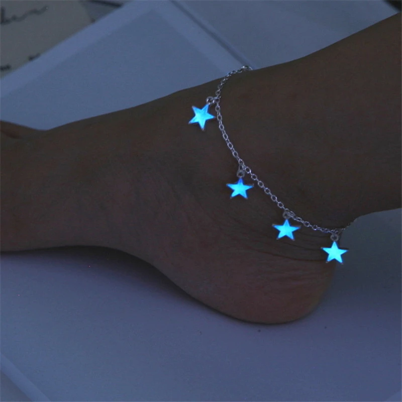 

Pentagram Noctilucent Silvery Charm Bracelet Fluorescence Anklet Trendy Cute Romantic Chain Blue Star Bracelets Alloy Bracelets