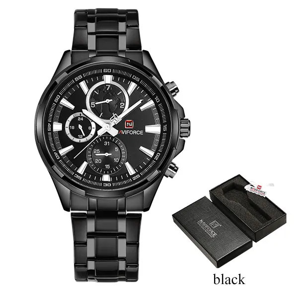 Black Мужские водонепроницаемые спортивные часы NAVIFORCE 30 м, мужские кварцевые часы из нержавеющей стали с 24 часами даты, недели, месяца, Relogio Feminino - Цвет: Black