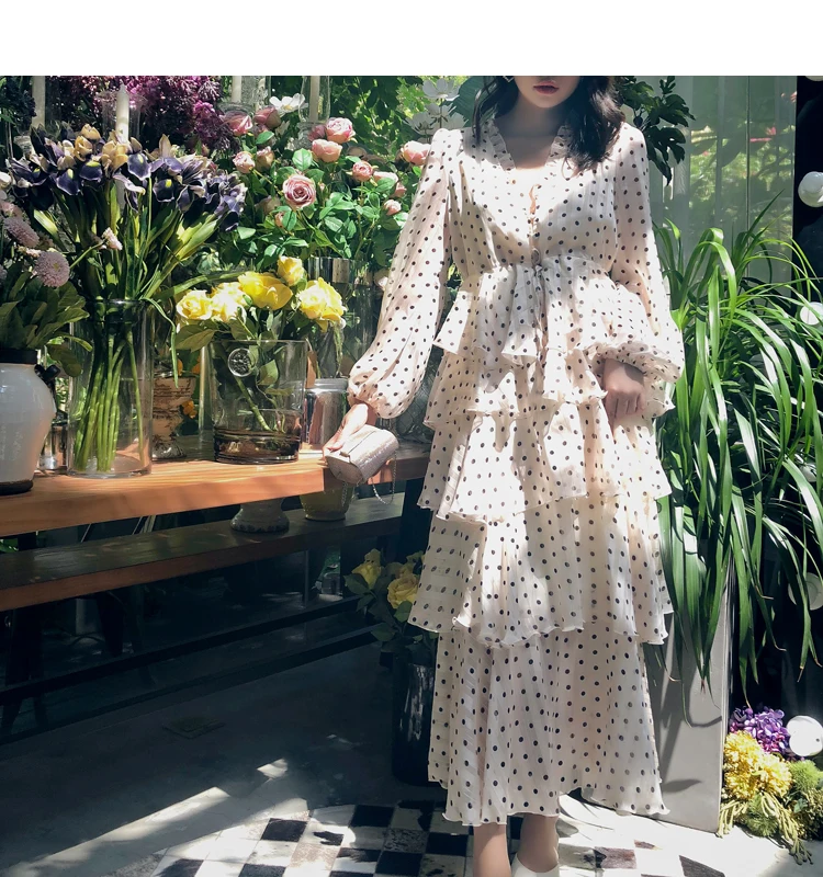 Женское винтажное платье в горошек до щиколотки с высокой талией V образным