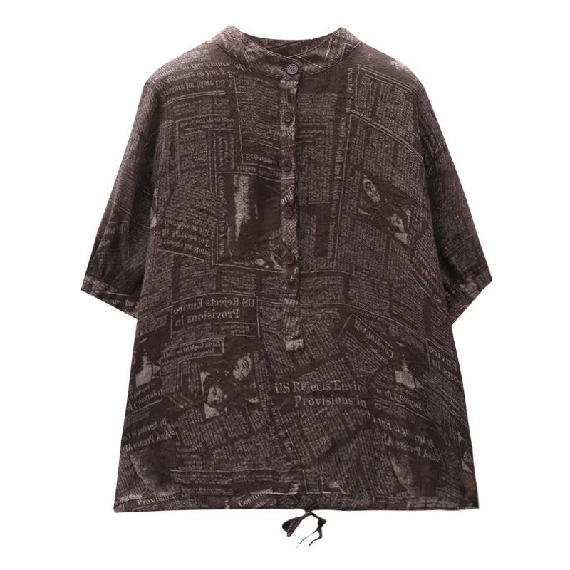 Летняя блузка Ретро Свободная Женская Повседневная рубашка Топы Стенд Кнопка