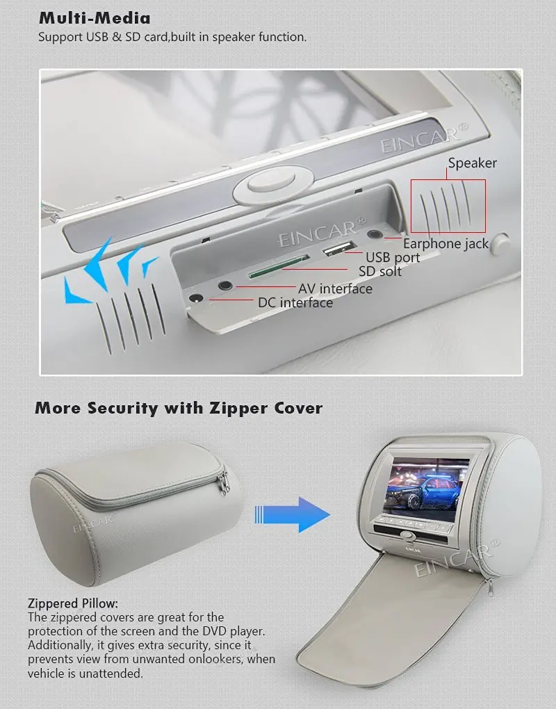 Серый цвет пара подголовник 7 ''ЖК-дисплей Автомобильная подушка мониторы