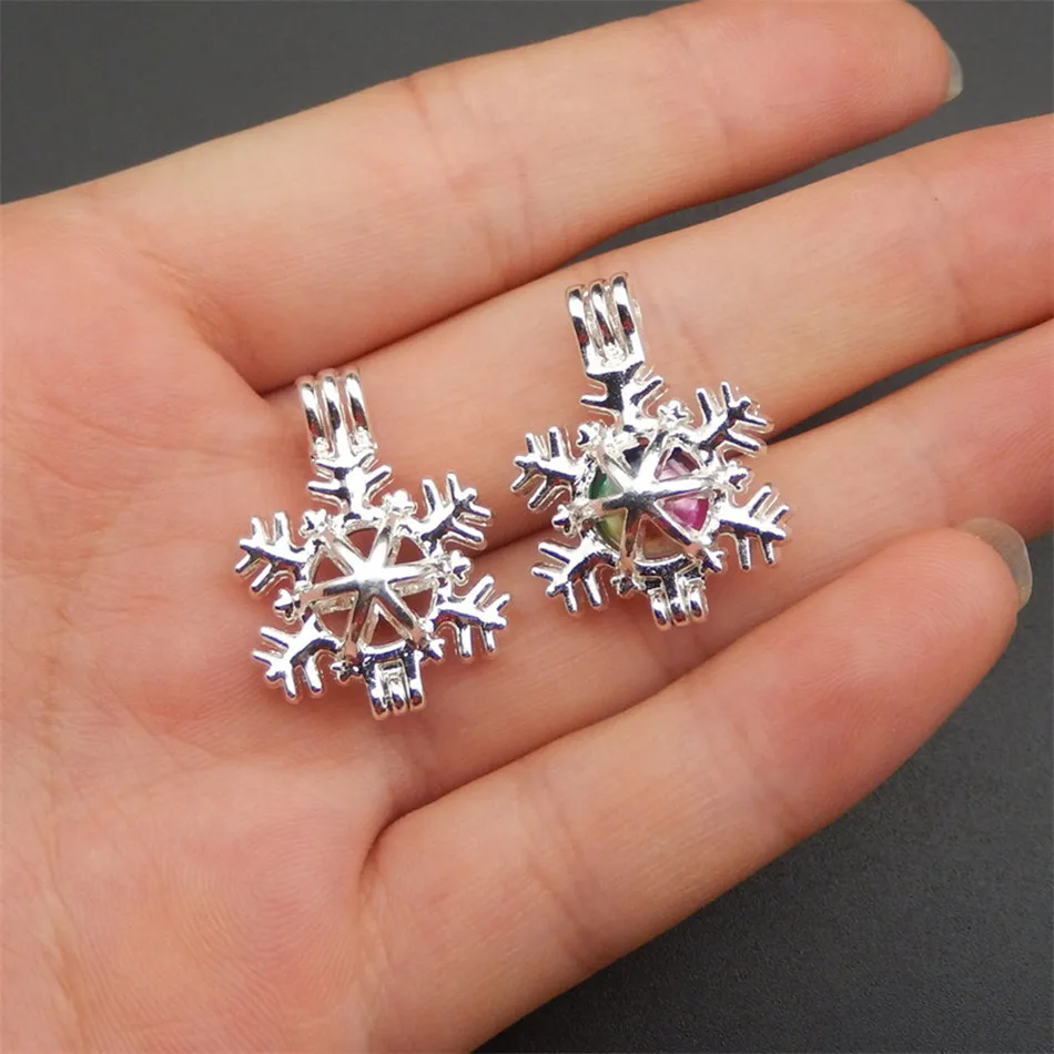 

10pcs bright silver snowflake pearl cage necklace pendant, aroma oil diffuser adds your own pearl stone makes it more attractive