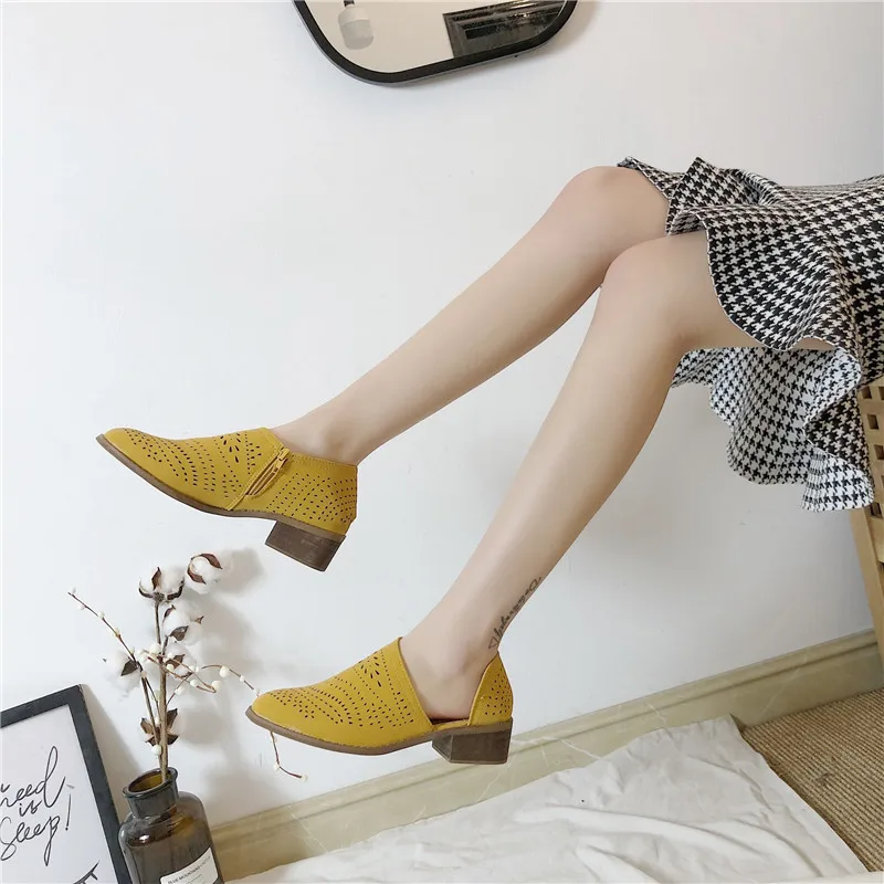Women Pumps Side Hollow Square Low Heel Woman shoes Boat Shoes Retro Vintage out Slip On women Casual female | Обувь
