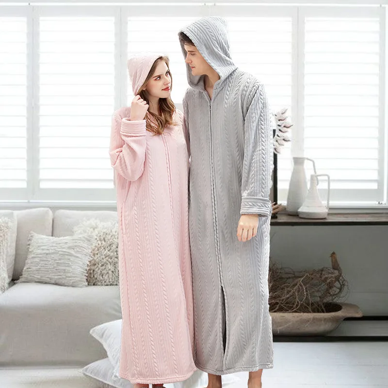 Men's Thick Winter Bathrobe Hooded Flannel Warm Long Robes Couples Fleece Zipper Kimono Lounge Wear 2022 New Male Bath Robe