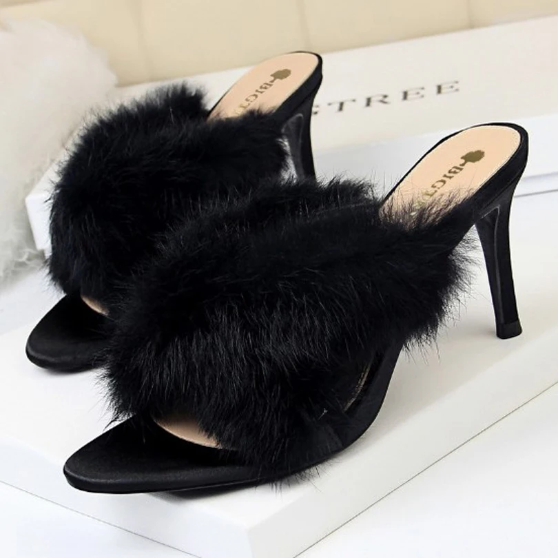 2019 г. женская обувь на высоком тонком каблуке натуральный меховые тапочки в