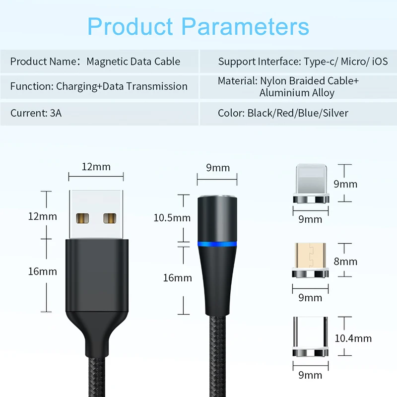 

Magnetic USB Cable 3A Fast Charging For iPhone XR X 7 Magnet Charger Micro USB Data Cable for Huawei Samsung S8 USBC Type C Wire