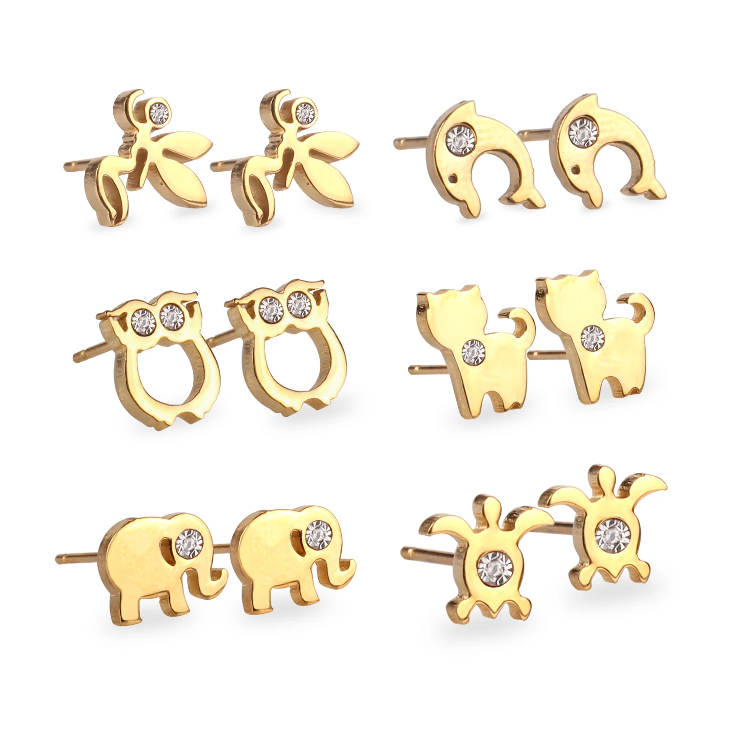 Комплект из 6 пар сережек в коробке LUXUSTEEL подарочные серьги гвоздики с животными