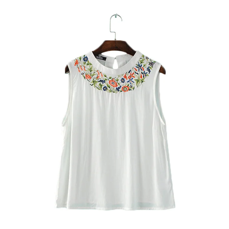Женская футболка белая с цветочной вышивкой без рукавов повседневная летняя