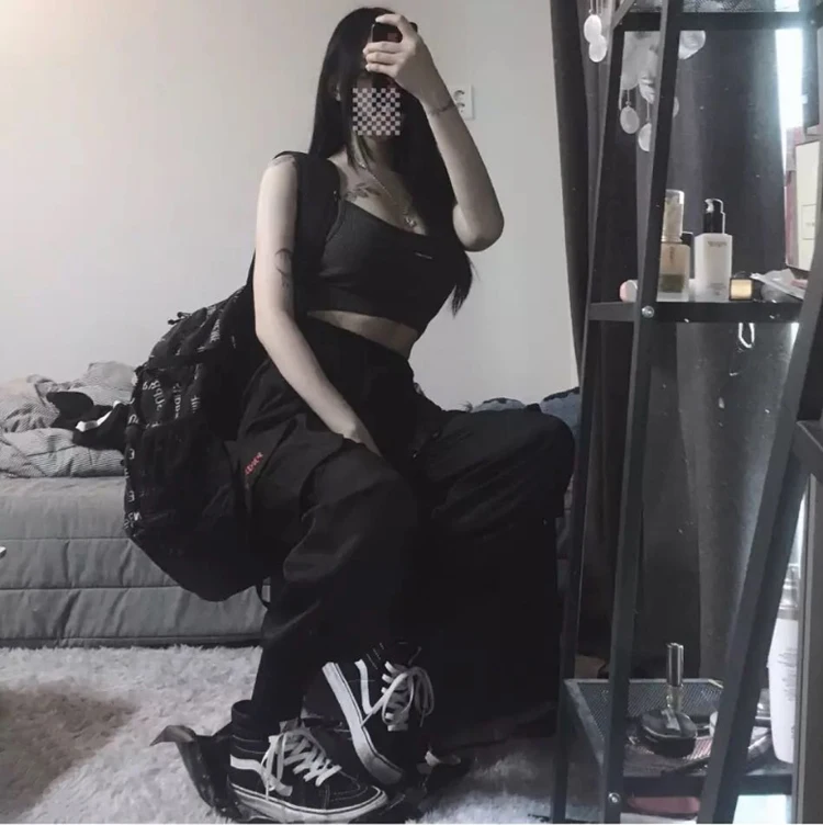 Женские брюки карго в стиле панк хип хоп повседневные черные свободные для бега с