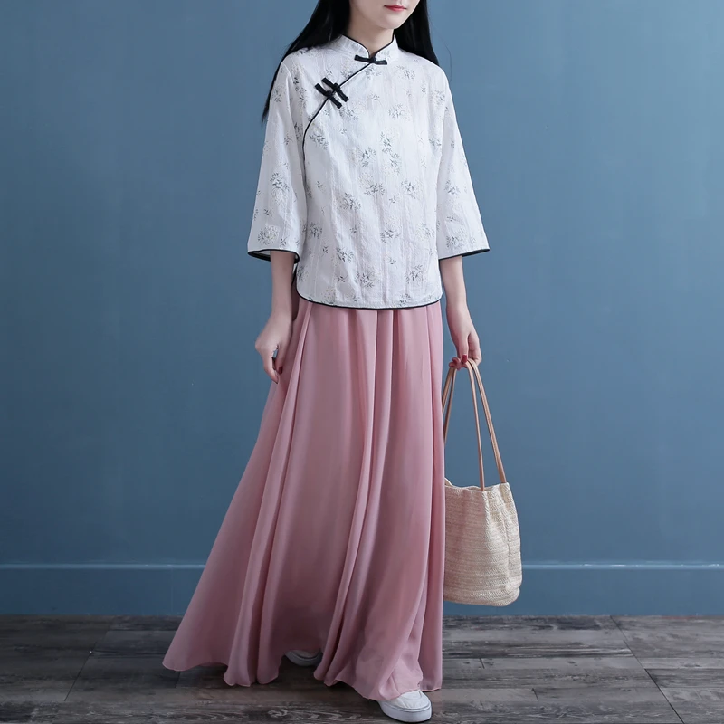 summer Vintage Chinese style jacquard Knot Button female shirt blouse mori girl |